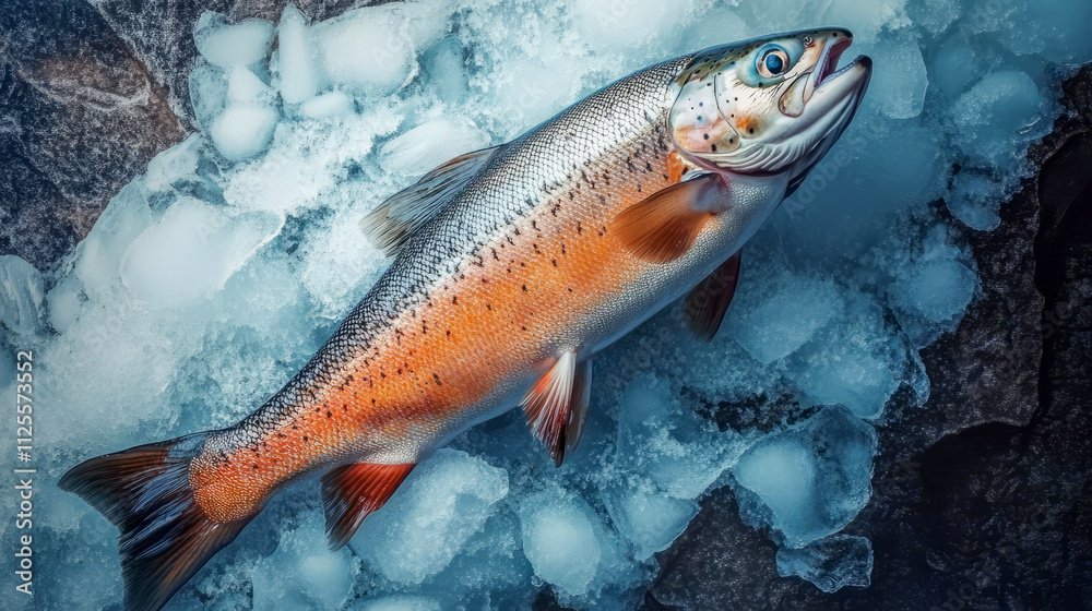 Freshly caught salmon on ice displayed with scales and colorful details Freshly caught salmon on ice displayed with scales and colorful details