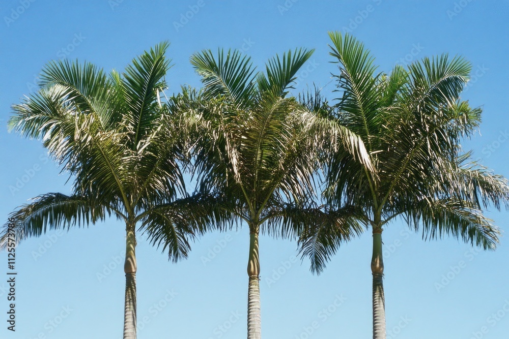 Obraz premium Coconut palms silhouetted against a bright blue sky, perfect for travel or tropical-themed projects