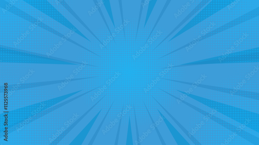 Blue comic background with starburst and halftone gradations. Suitable for comics, prints, posters, etc. Blue comic background with starburst and halftone gradations. Suitable for comics, prints, posters, etc.