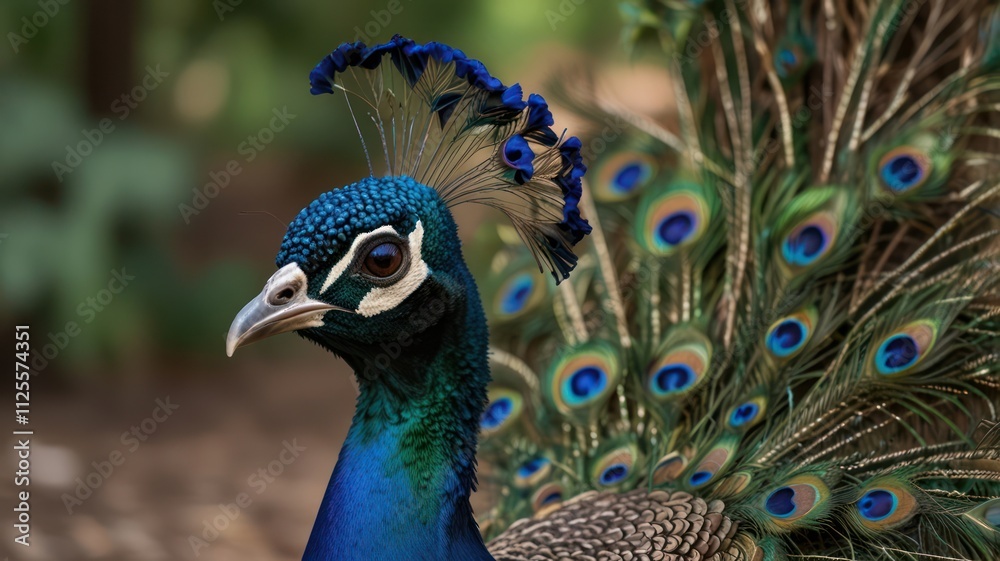 Fototapeta premium Close-up of a peacock's head and neck, showcasing vibrant blue and green feathers, eye, and beak.