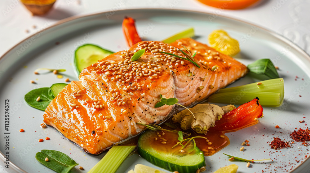 Grilled salmon with vegetables and sesame seeds on a plate Grilled salmon with vegetables and sesame seeds on a plate
