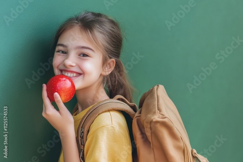 A young girl holds an apple in front of a green wall, perfect for use in illustrations or designs related to nature and childhood photo