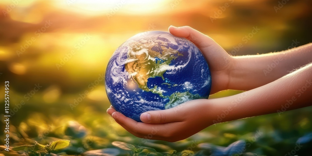 Hands Holding a Beautiful Earth Globe Surrounded by Nature and Sunlight, Symbolizing Care for the Planet and Environmental Awareness During Sunrise or Sunset Hands Holding a Beautiful Earth Globe Surrounded by Nature and Sunlight, Symbolizing Care for the Planet and Environmental Awareness During Sunrise or Sunset