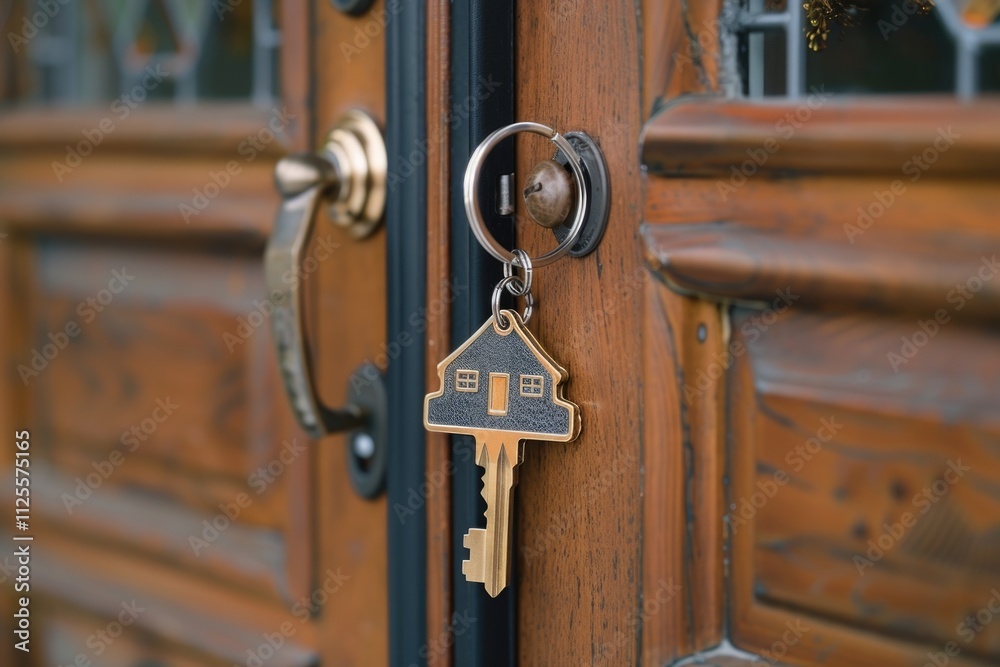 Fototapeta premium A single house key hangs on a wooden door, ready for use