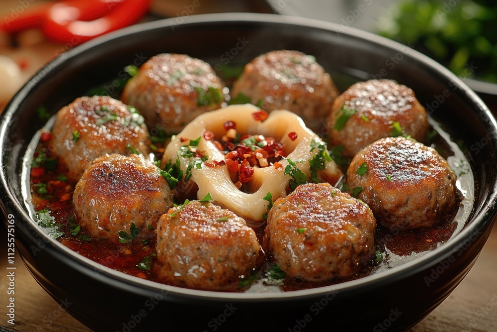 A bowl of juicy meatballs smothered in savory sauce, perfect for a comforting meal or party appetizer A bowl of juicy meatballs smothered in savory sauce, perfect for a comforting meal or party appetizer