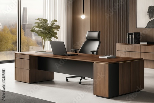 Bright Modern Minimalist Desk in a Stylish Office Room Setting photo