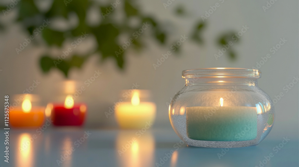 Cozy ambiance with colorful candles in glass holders on blue surface Cozy ambiance with colorful candles in glass holders on blue surface
