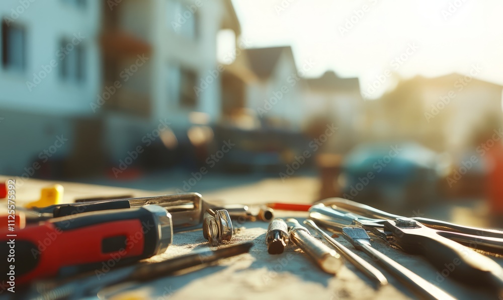 Professional handyman tools laid out on a surface with a blurred background of a home repair or construction site. Professional handyman tools laid out on a surface with a blurred background of a home repair or construction site.