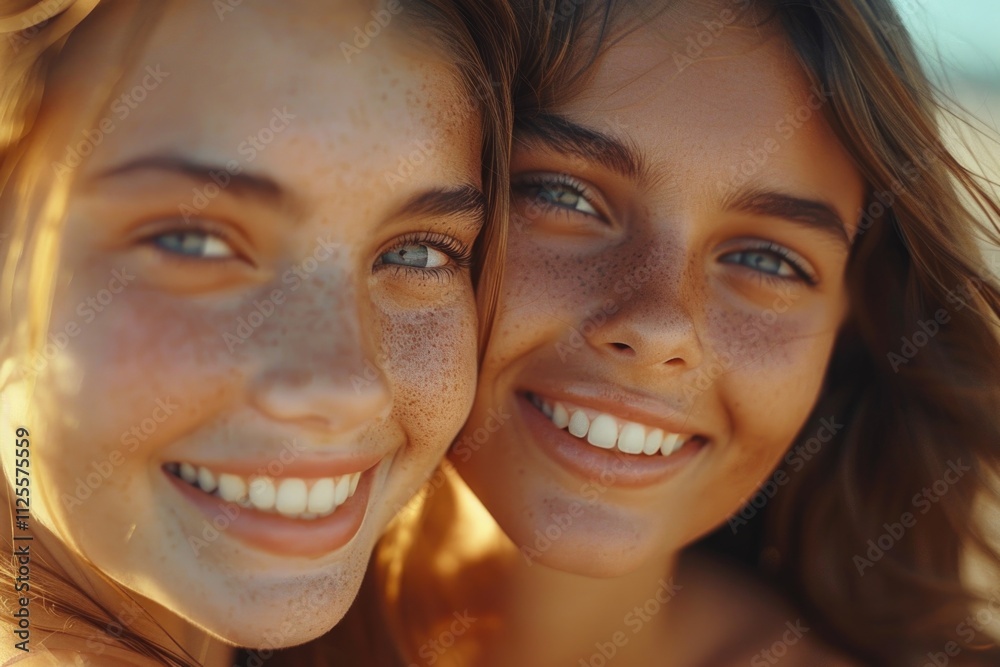 Two young women stand side by side, smiling and looking directly at the camera Two young women stand side by side, smiling and looking directly at the camera