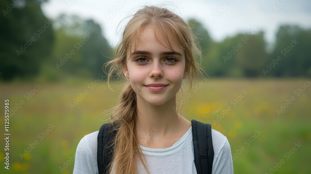 A young woman with blonde hair and a backpack is smiling in a field. Concept of freedom and adventure, as the woman is likely out exploring nature or enjoying a day outdoors A young woman with blonde hair and a backpack is smiling in a field. Concept of freedom and adventure, as the woman is likely out exploring nature or enjoying a day outdoors
