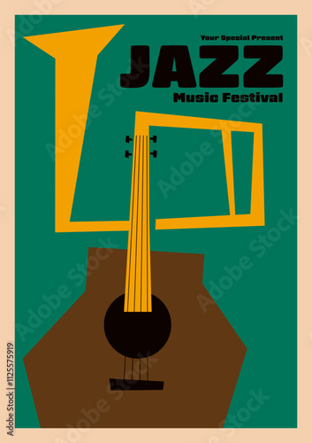 Classic jazz music festival poster template design background. Minimal shape of guitar and trumpet vintage retro style