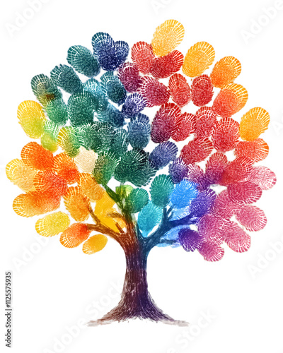 A colorful tree made of handprints isolated on a white background, png transparent, symbolizing creativity and unity.