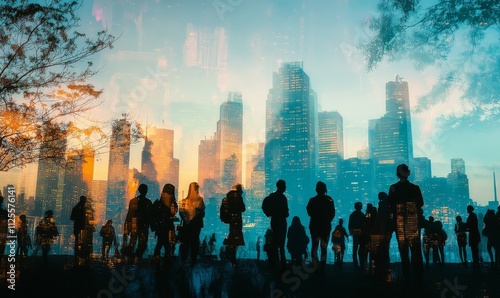 Double exposure of people standing with a city skyline backdrop, merging human silhouettes with skyscrapers, capturing the essence of urban life and connectivity