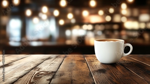 Aromatic Cup of Coffee on Rustic Wooden Table, Cozy Cafe Atmosphere in the Background