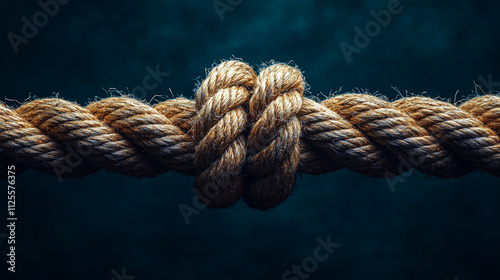 close-up of a fraying rope breaking in the middle, held tightly by two opposing hands. Symbolizes conflict, tension, division, struggle, resilience, or the breaking point in relationships photo