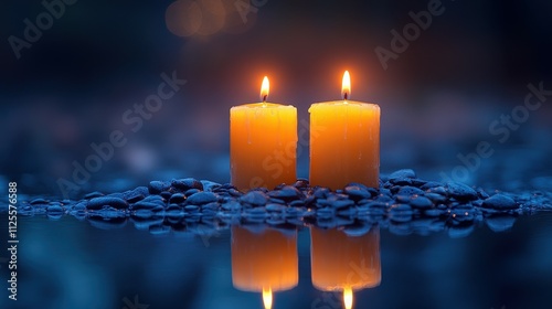 Two candles are lit on a dark surface. The image has a calm and peaceful mood photo