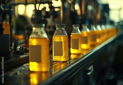 Industrial facility showcasing production line filled with transparent bottles containing yellow liquid, symbolizing efficiency and modern manufacturing processes in action.