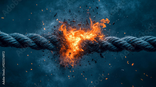close-up of a fraying rope breaking in the middle, held tightly by two opposing hands. Symbolizes conflict, tension, division, struggle, resilience, or the breaking point in relationships