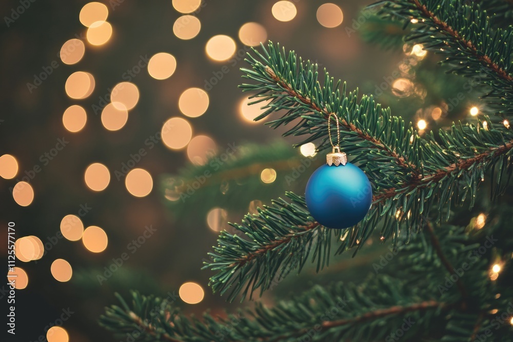 A blue ornament hangs from a festive Christmas tree A blue ornament hangs from a festive Christmas tree