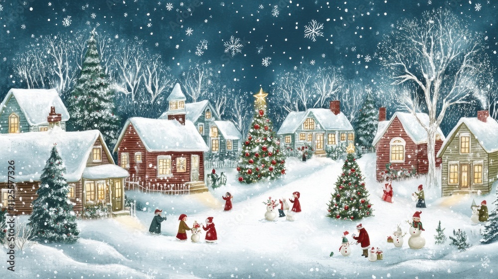Snowy Christmas village scene with children playing. Snowy Christmas village scene with children playing.
