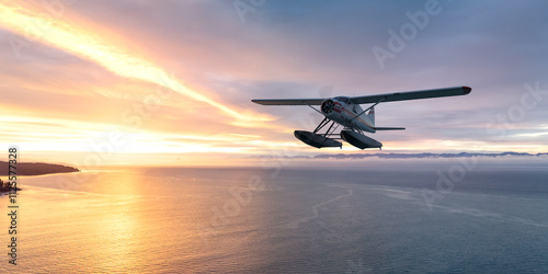 Fototapeta Naklejka Na Ścianę i Meble -  Seaplane Flying During Stunning Sunset Over BC, Canada - 3D Rendering