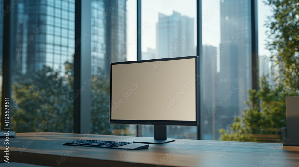 Modern desktop computer on wooden desk near large window Modern desktop computer on wooden desk near large window
