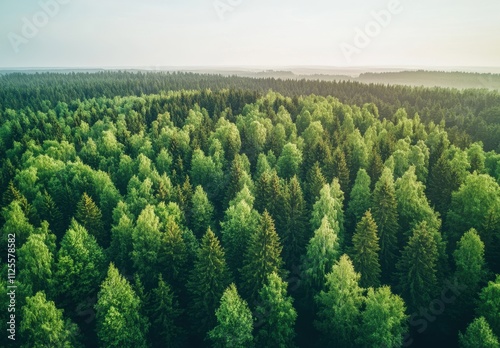 Lush Green Forest Canopy with Towering Trees and Vibrant Foliage Captured from Above, Showcasing Nature's Beauty and Serenity in a Peaceful Landscape