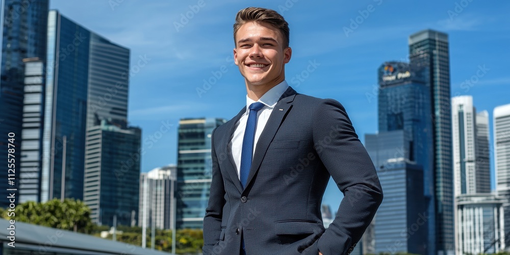 Confident business professional poses against urban skyline singapore portrait bright day business success concept Confident business professional poses against urban skyline singapore portrait bright day business success concept
