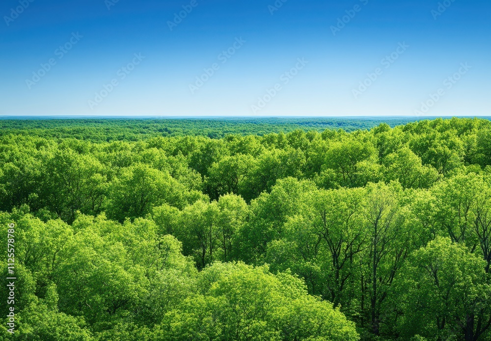 Lush Green Forest Landscape Under Clear Blue Sky with Endless Treescape Stretching to Horizon, Symbolizing Nature's Beauty and Serenity Lush Green Forest Landscape Under Clear Blue Sky with Endless Treescape Stretching to Horizon, Symbolizing Nature's Beauty and Serenity