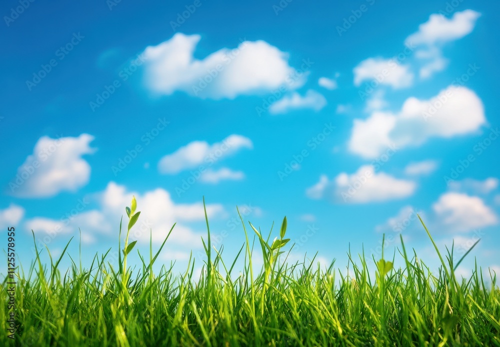 Lush Green Grass Against a Vibrant Blue Sky with Soft Cotton Clouds, Perfect for Representing Nature, Freshness, and Tranquility in Outdoor Environments Lush Green Grass Against a Vibrant Blue Sky with Soft Cotton Clouds, Perfect for Representing Nature, Freshness, and Tranquility in Outdoor Environments