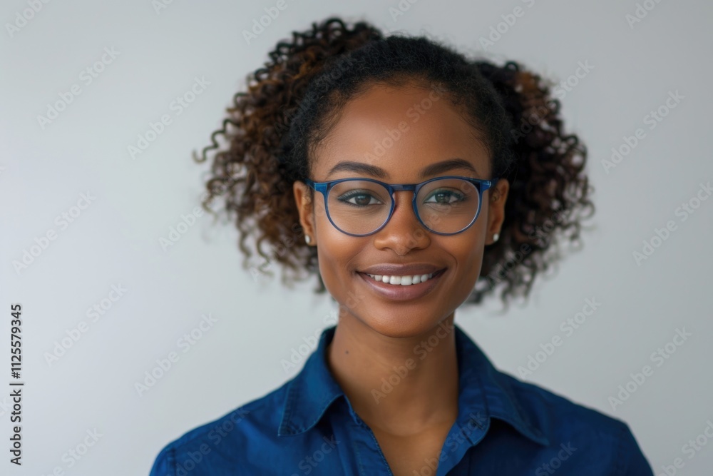 A woman wearing glasses and a blue shirt, likely in an office or study setting A woman wearing glasses and a blue shirt, likely in an office or study setting