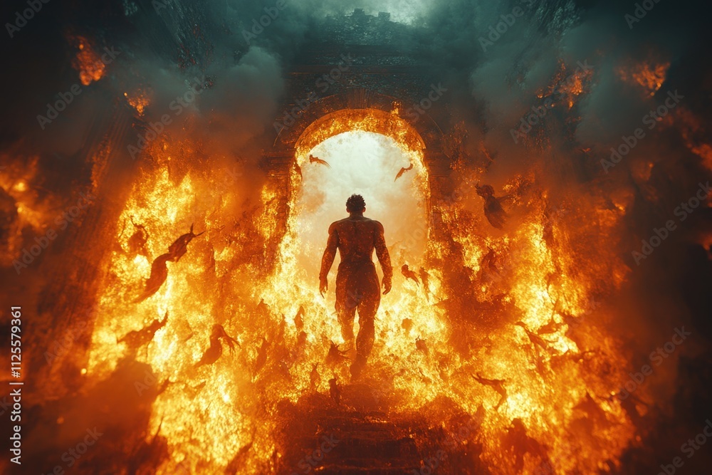 A person standing by a fire tunnel, a potentially hazardous situation A person standing by a fire tunnel, a potentially hazardous situation