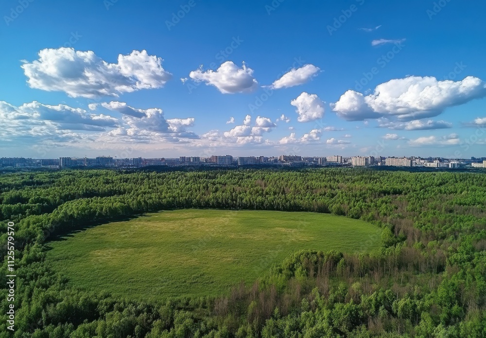 Naklejka premium Lush Green Landscape with Circular Field Surrounded by Forest and Cloudy Blue Sky, Captivating Aerial View of Nature and Urban Skyline on the Horizon