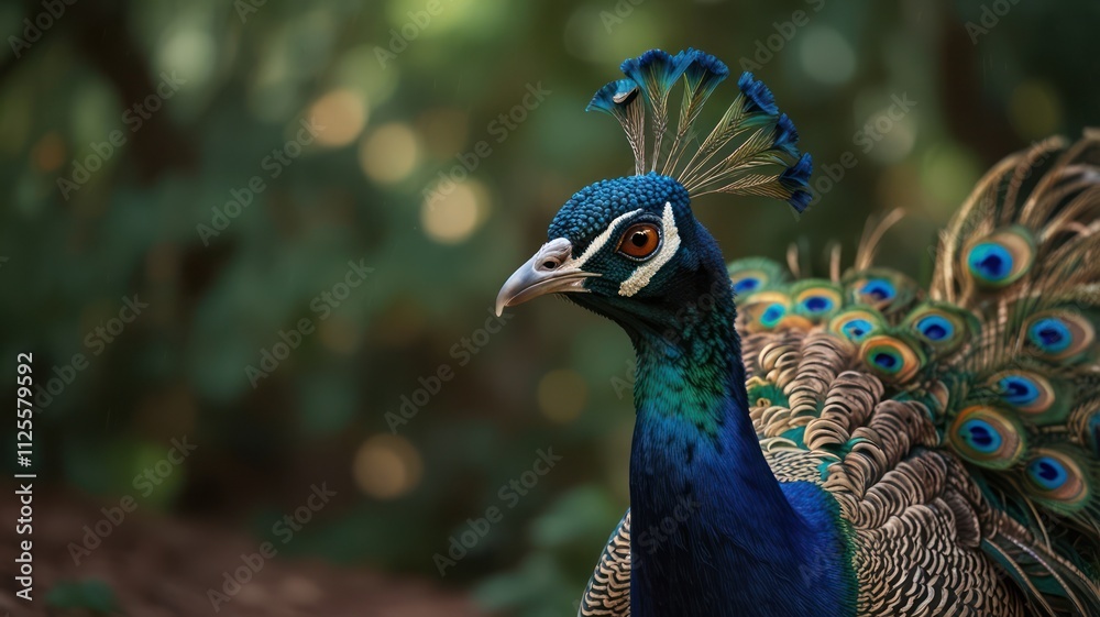 Fototapeta premium Majestic peacock portrait, vibrant plumage, detailed feathers, sharp focus.