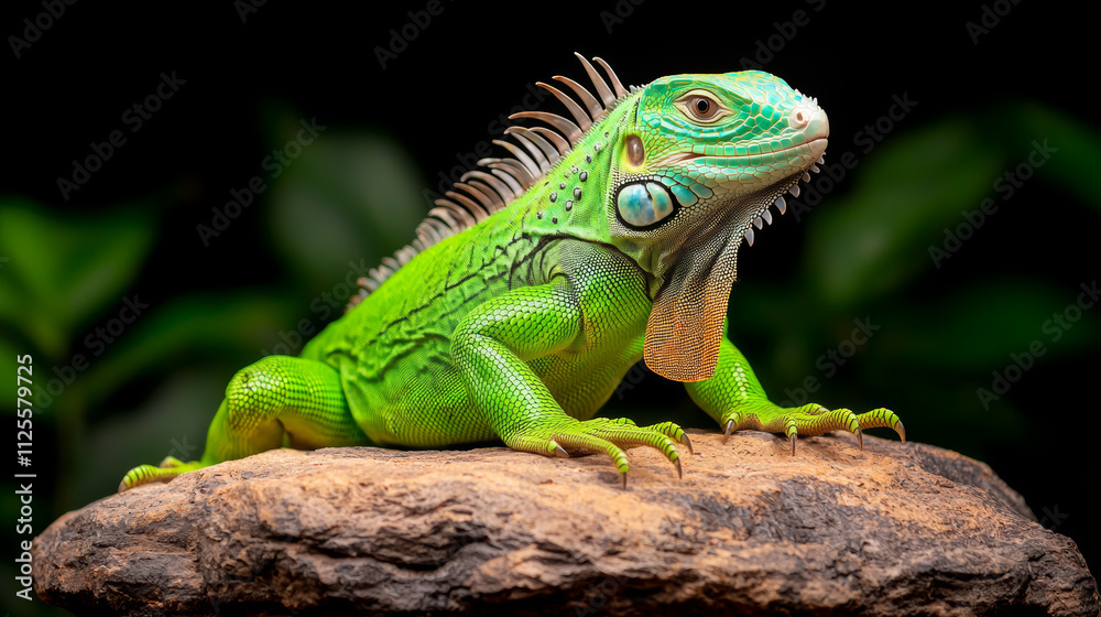 Animal kingdom rendering. bright green iguana basking on sunlit rock, showcasing its vibrant colors and unique features. This reptile exudes calm and majestic presence in its natural habitat Animal kingdom rendering. bright green iguana basking on sunlit rock, showcasing its vibrant colors and unique features. This reptile exudes calm and majestic presence in its natural habitat