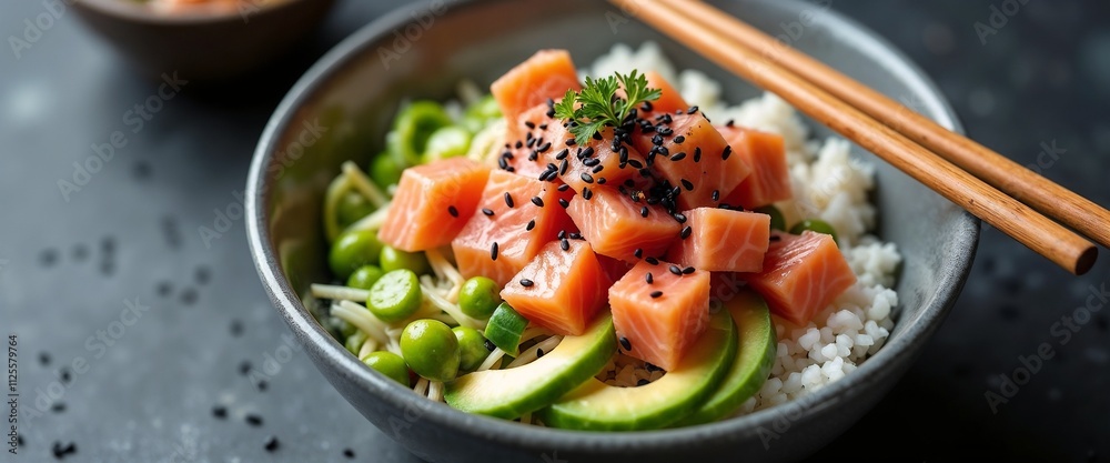 A beautifully arranged poke bowl featuring fresh salmon, ripe avocado, and edamame beans atop a bed of rice, seasoned with black sesame seeds and displayed with chopsticks.
A beautifully arranged poke bowl featuring fresh salmon, ripe avocado, and edamame beans atop a bed of rice, seasoned with black sesame seeds and displayed with chopsticks.