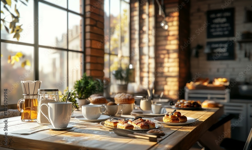 Family breakfast nook with coffee, pastries, and a cozy atmosphere, Family breakfast nook with coffee, pastries, and a cozy atmosphere,