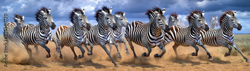 Animal kingdom rendering. herd of zebras galloping across dusty plain under dramatic sky, showcasing their striking black and white stripes in motion