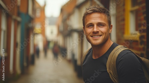 A man with a backpack is smiling in front of a brick building. The scene is set in a city street with a few other people walking around. The man's smile suggests that he is happy