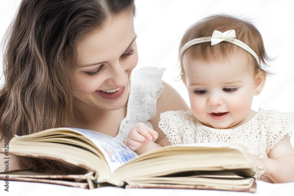 A mother sitting with her baby, reading a book together A mother sitting with her baby, reading a book together