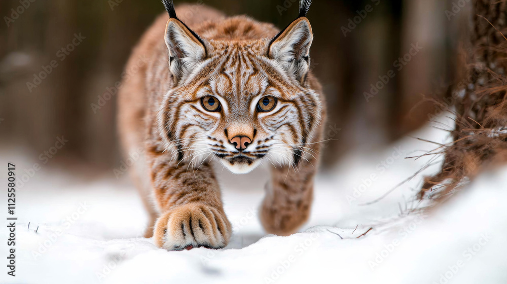 Animal kingdom rendering. lynx stealthily navigating snowy forest, showcasing its crisp paws and keen gaze. This majestic feline embodies beauty of winter wildlife Animal kingdom rendering. lynx stealthily navigating snowy forest, showcasing its crisp paws and keen gaze. This majestic feline embodies beauty of winter wildlife