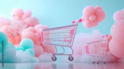 Whimsical pastel shopping concept with floating carts and cloud-like background for creative retail themes