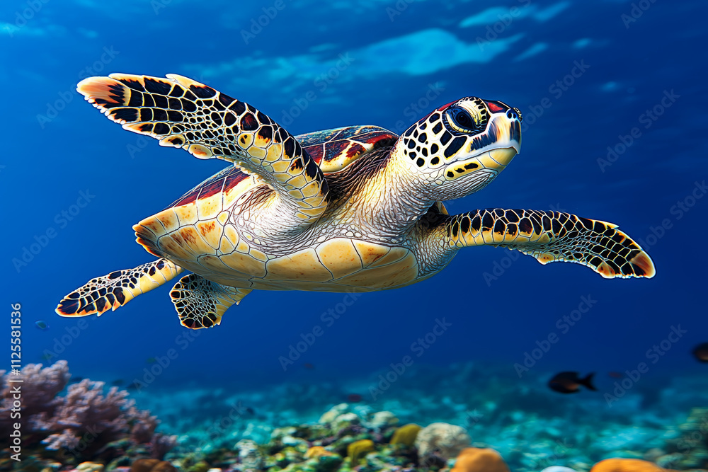 Obraz premium Animal kingdom rendering. sea turtle gliding gracefully through vibrant ocean waters, surrounded by colorful coral reefs and marine life. serene underwater scene captures beauty of nature