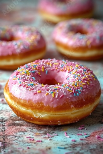 A close-up shot of a sweet doughnut with pink frosting and colorful sprinkles