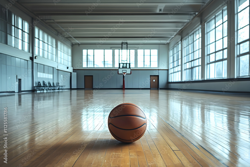 A lone basketball rests on the shiny floor of an empty gym, awaiting dawn\'s first player A lone basketball rests on the shiny floor of an empty gym, awaiting dawn\'s first player