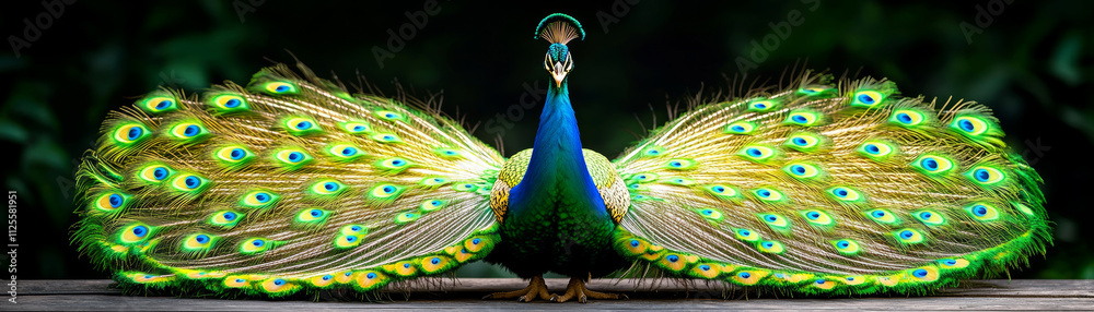 Fototapeta premium Animal kingdom rendering. vibrant peacock displaying its colorful feathers in tropical garden, showcasing stunning iridescence and intricate patterns.