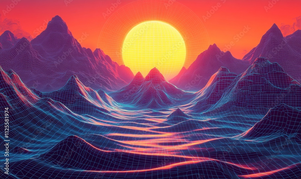 Design a wireframe wave or mountain map for a new retro wave background, showcasing a futuristic cyber landscape with grid-based topography and wavy geometric surfaces Design a wireframe wave or mountain map for a new retro wave background, showcasing a futuristic cyber landscape with grid-based topography and wavy geometric surfaces