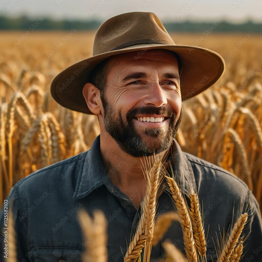Fototapeta premium Farmer is standing in his growing wheat field. He is happy because of successful sowing. By djoronimo
