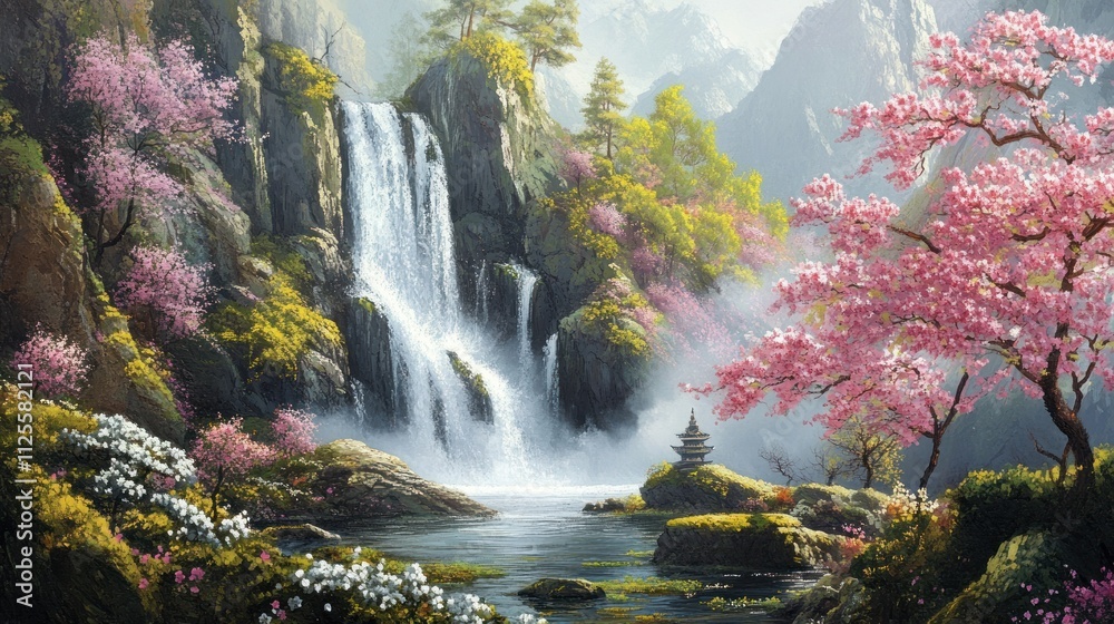 Serene Waterfall Landscape: A Springtime Oasis in the Mountains Serene Waterfall Landscape: A Springtime Oasis in the Mountains