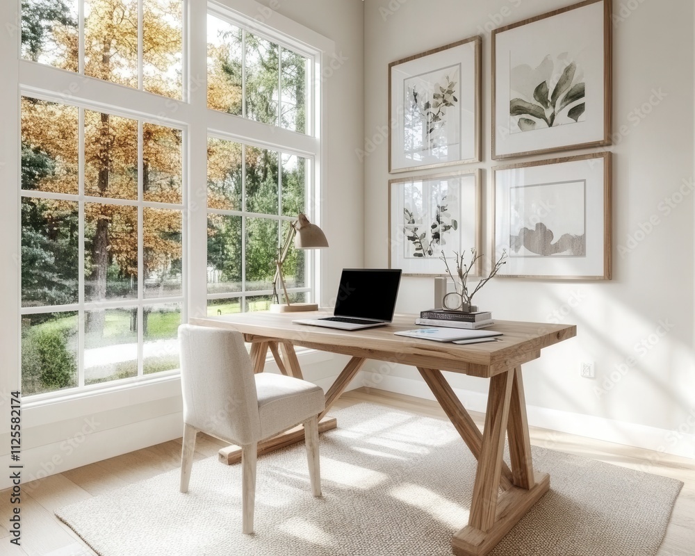 Home Office with Wooden Desk and Soft Lighting Home Office with Wooden Desk and Soft Lighting